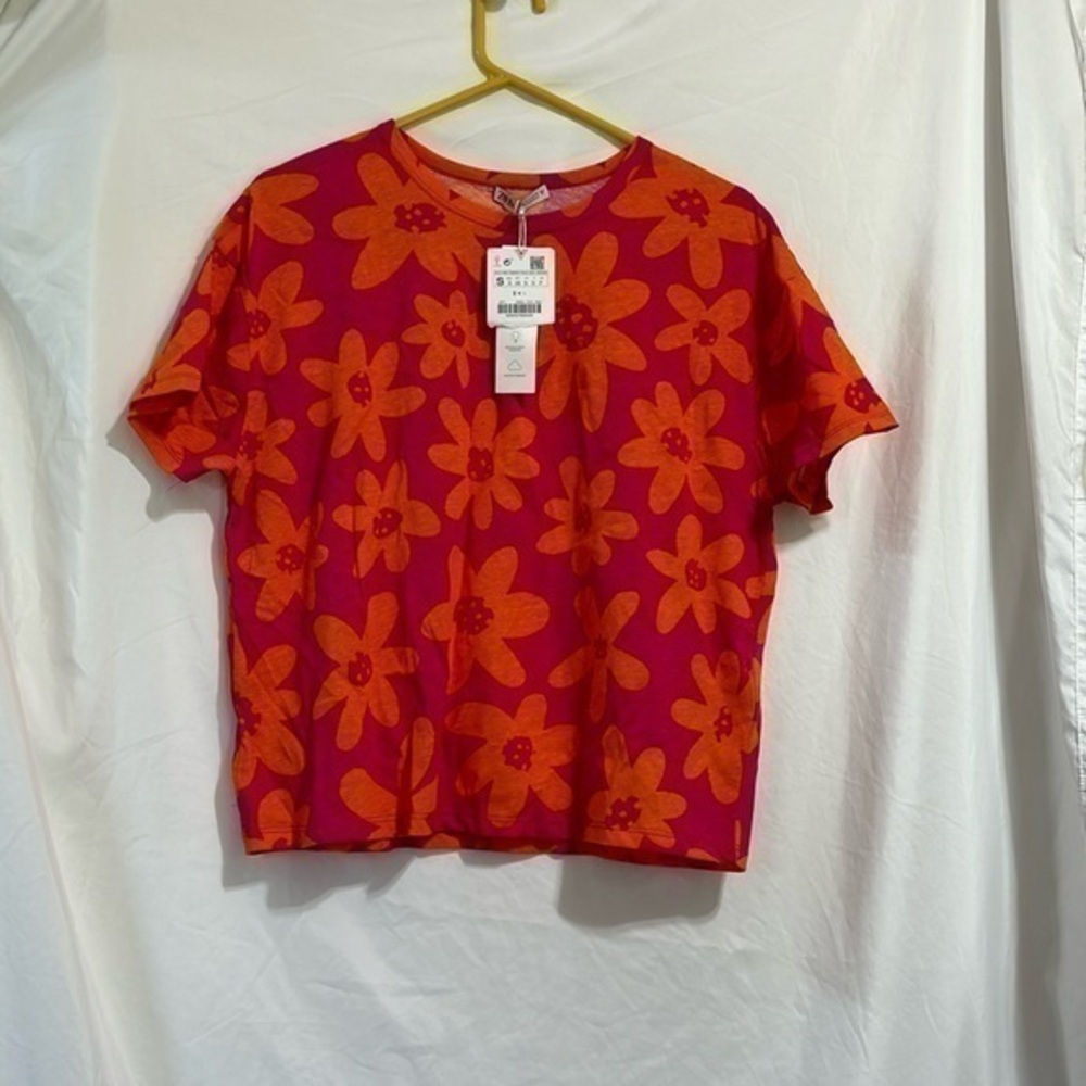 Zara retro pink and orange groovy flowers cotton short sleeve shirt nwt small
